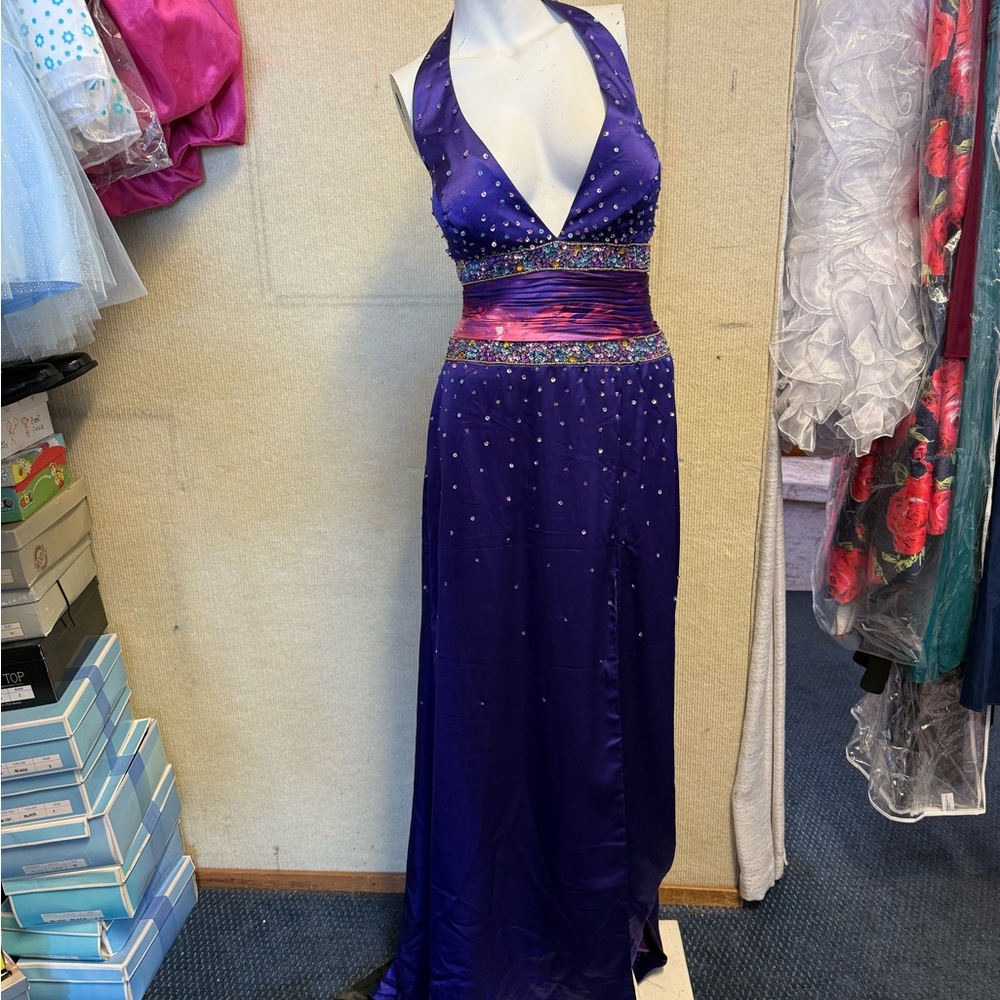Halter Neck Purple Prom Gown with Jeweled Waist